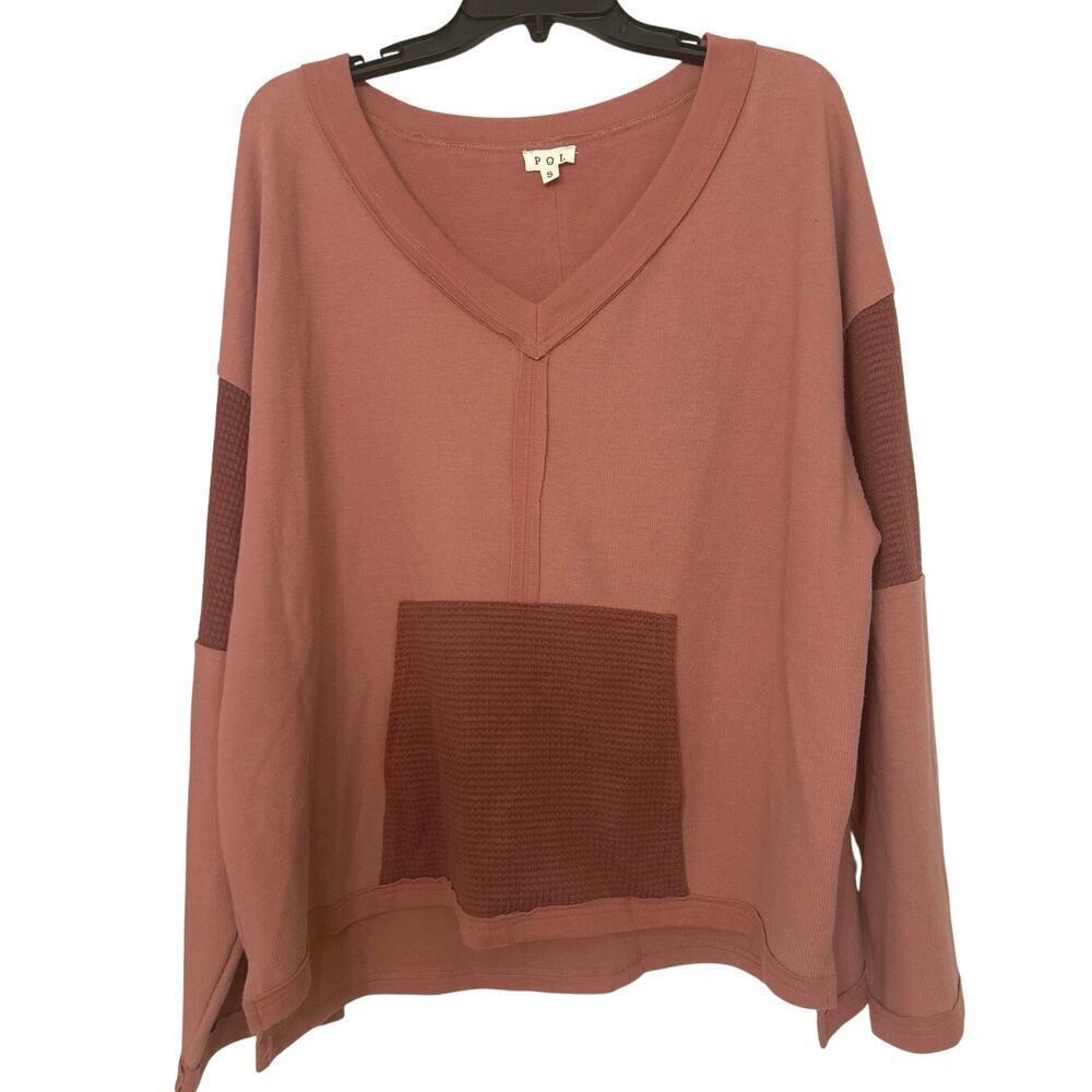 POL Relaxed Oversized Mixed Media Kangaroo Pocket Top Size Small New